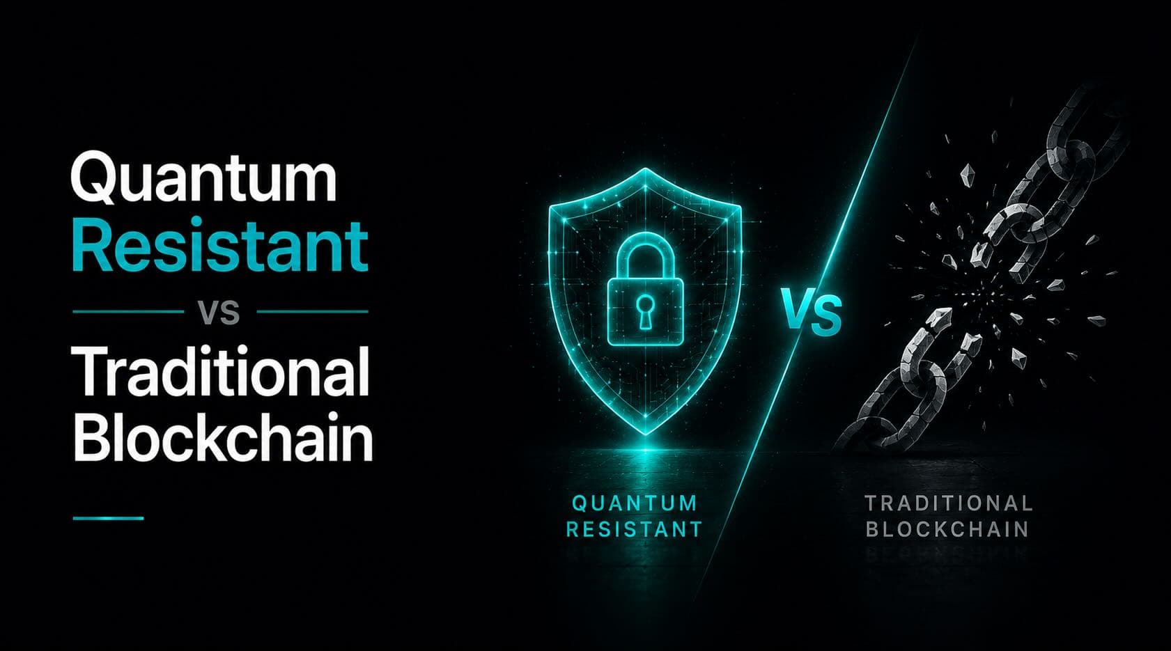 Side-by-side comparison table contrasting traditional blockchain cryptography with quantum-resistant blockchain security
